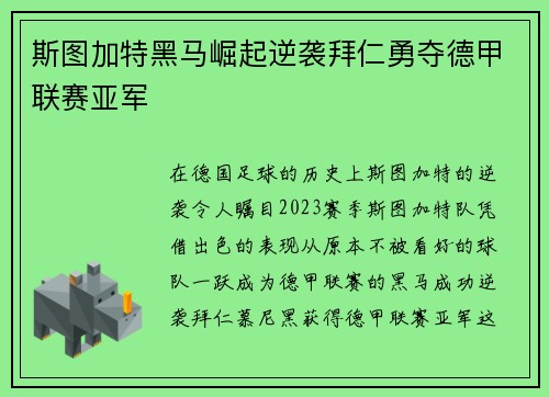 斯图加特黑马崛起逆袭拜仁勇夺德甲联赛亚军
